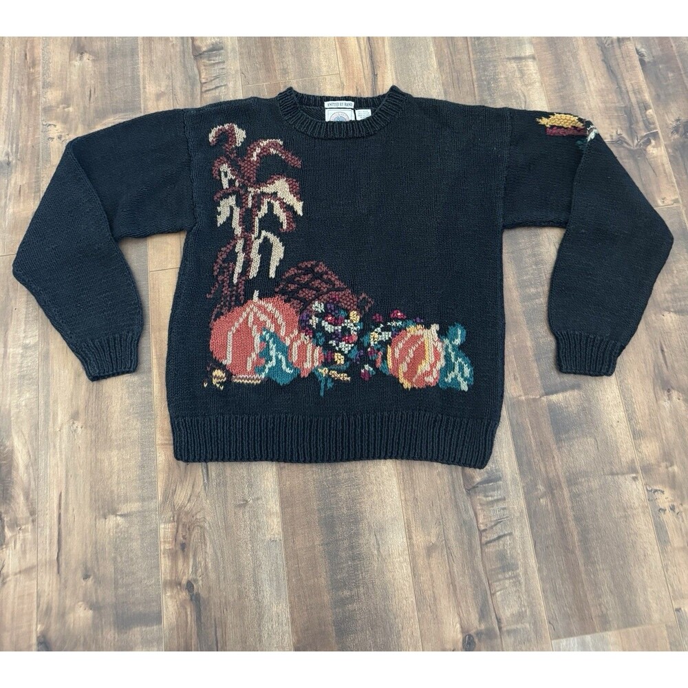 VTG Cape Isle Knitters Black Harvest Fall Autumn Pumpkin Sweater Small Grandma